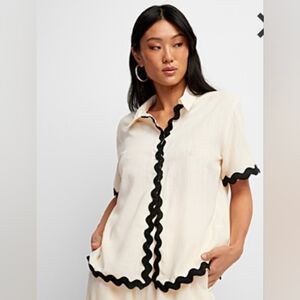 Ivory Linen Blend Button-up with Rick Rack Trim